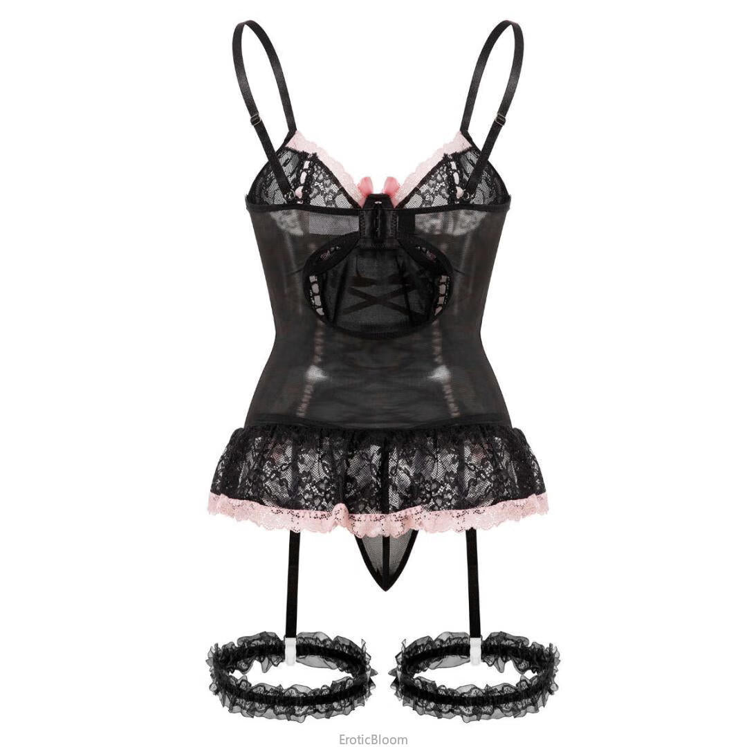 Black lace corset lingerie set with pink bows, ruffled skirt, and garter straps in French maid style. Ideal for fantasy roleplay and seductive wear.