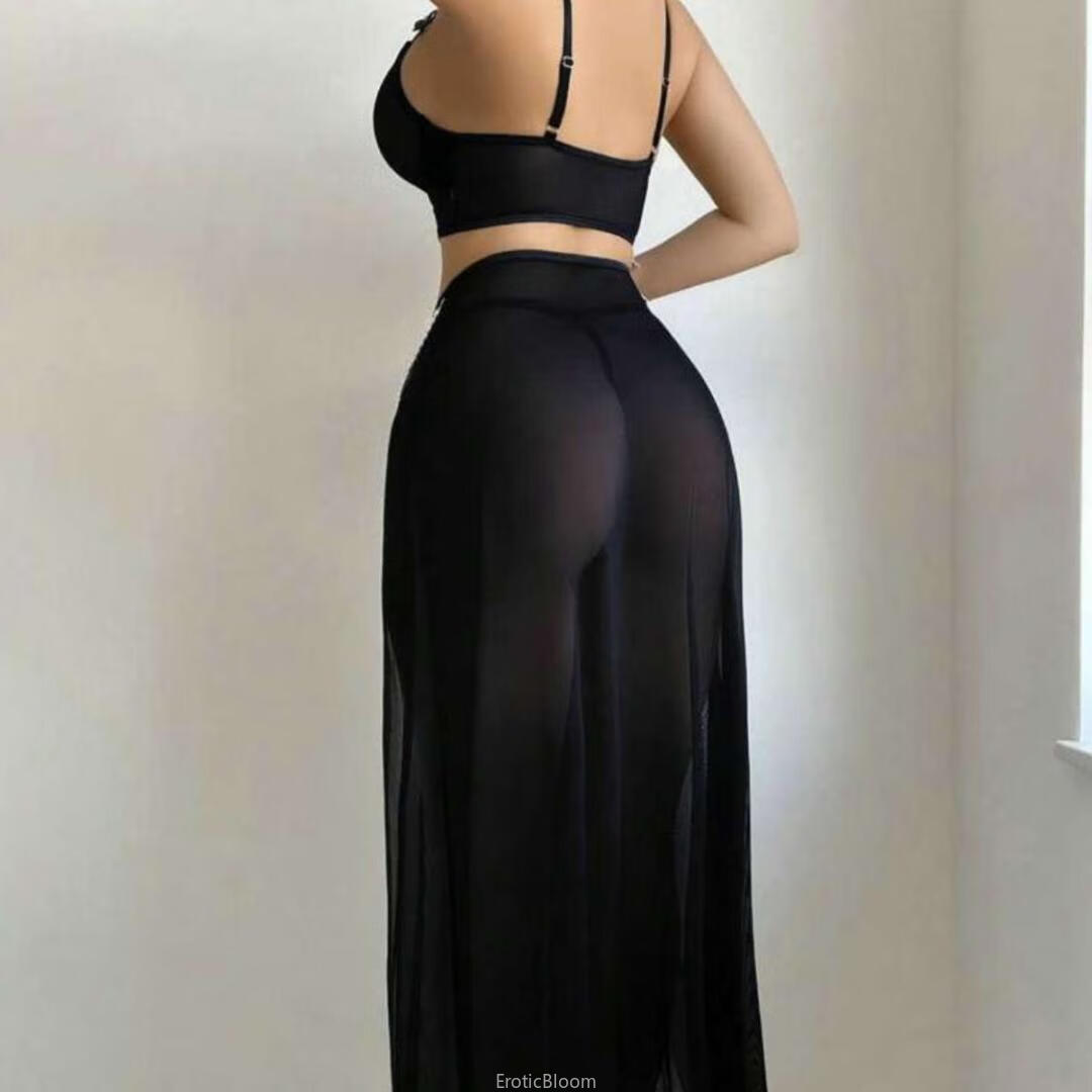Black sheer lingerie set featuring a fitted bra top and high-waisted see-through mesh skirt, ideal for erotic clothing collections.