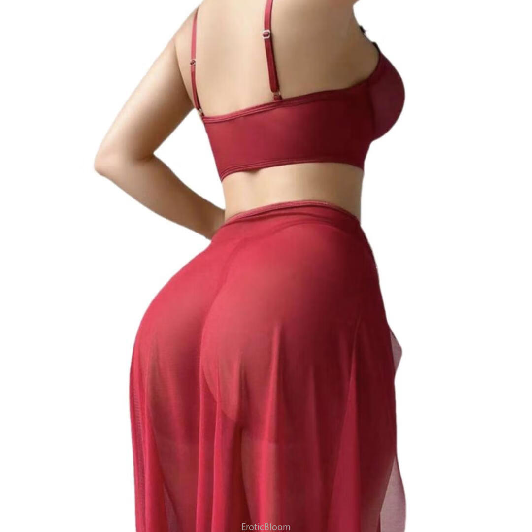 Red Satin Corset Set - Pearl Detail | Two Piece Elegance featuring a sheer high-slit skirt and fitted back view of the satin corset top. Ideal for erotic lingerie styling.