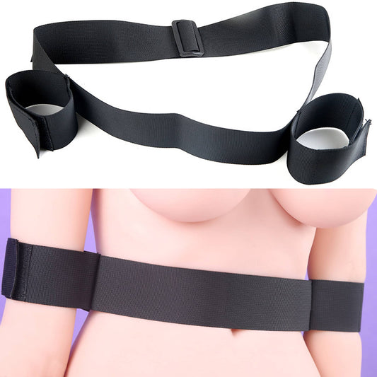 Adjustable black nylon webbing bondage restraint set for couples, showing waist strap and wrist/ankle cuffs front