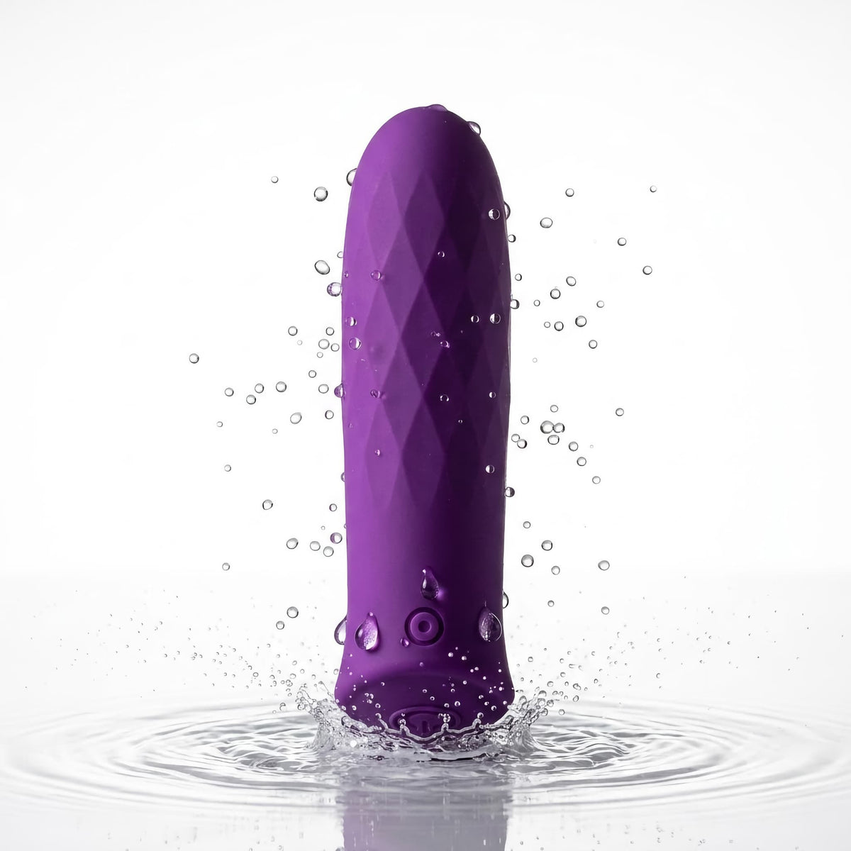 Purple bullet vibrator splash-resistant cleaning visual — rinse only, do not soak — EroticBloom