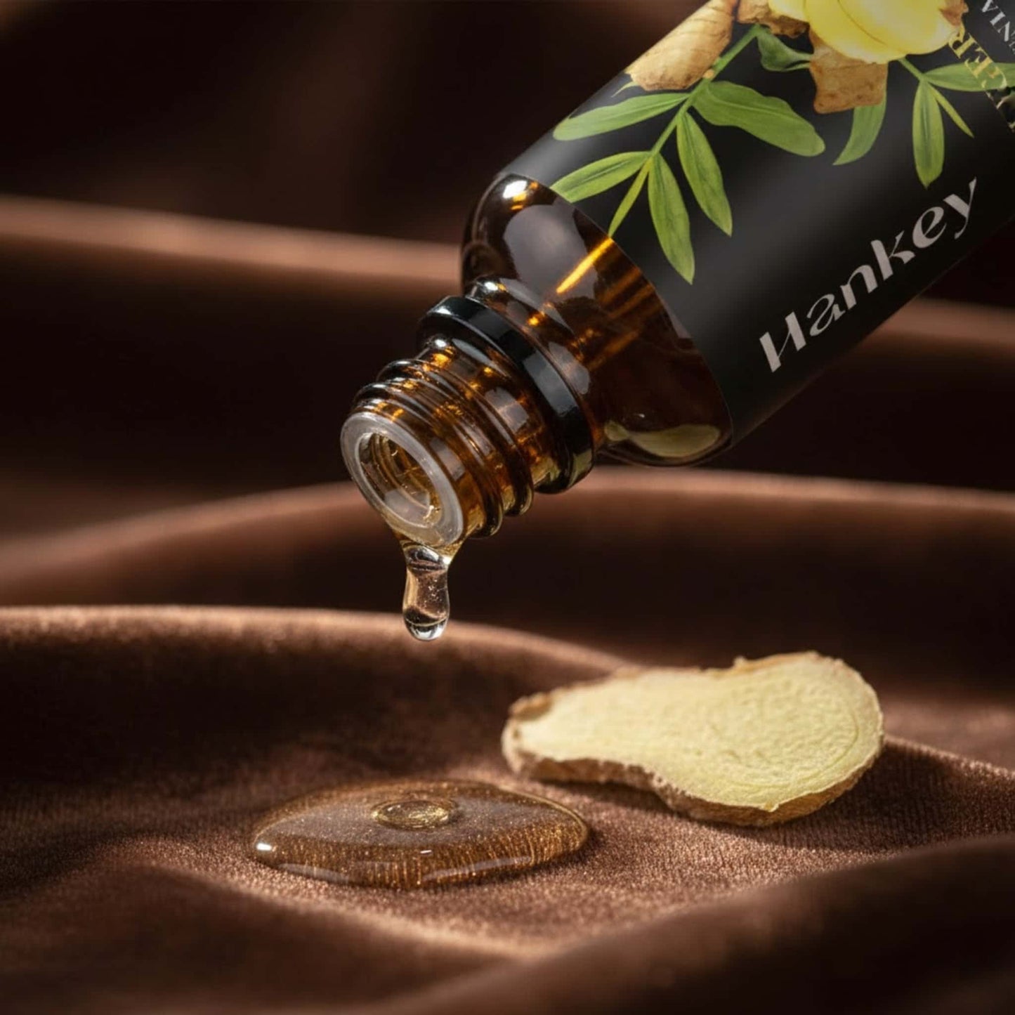 Macro shot of Ginger essential oil dripping from the bottle neck onto luxurious deep brown velvet fabric, emphasizing its rich texture and dropper dispenser.