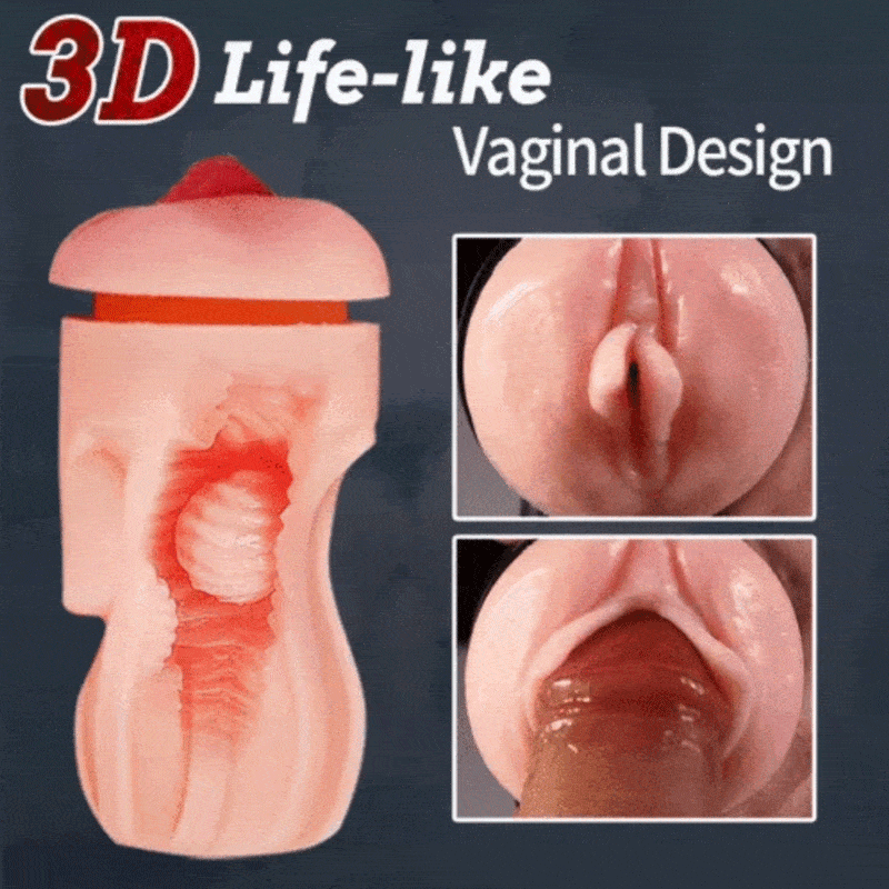 Male stroker with 3D life-like vaginal design, showcasing internal textured sleeve and realistic entry for immersive stimulation.