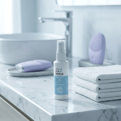 Disinfectant Spray placed on a Clean White Marble Bathroom Countertop with Pristine Folded Towels, next to a Silicone Device