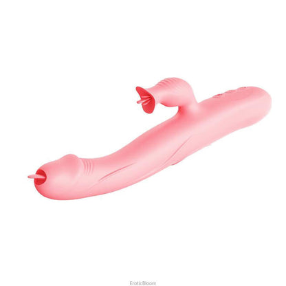 Ergonomic pink silicone G-spot rabbit vibrator featuring a lifelike tongue attachment