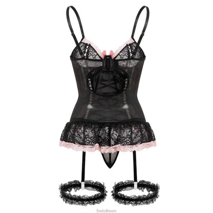 Black lace corset lingerie set with pink bows, ruffled skirt, and garter straps in French maid style. Ideal for fantasy roleplay and seductive wear.