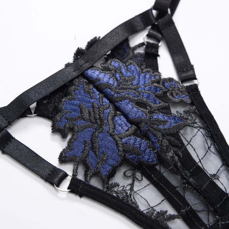 Black and blue floral lace corset lingerie set Detailed display of underwear