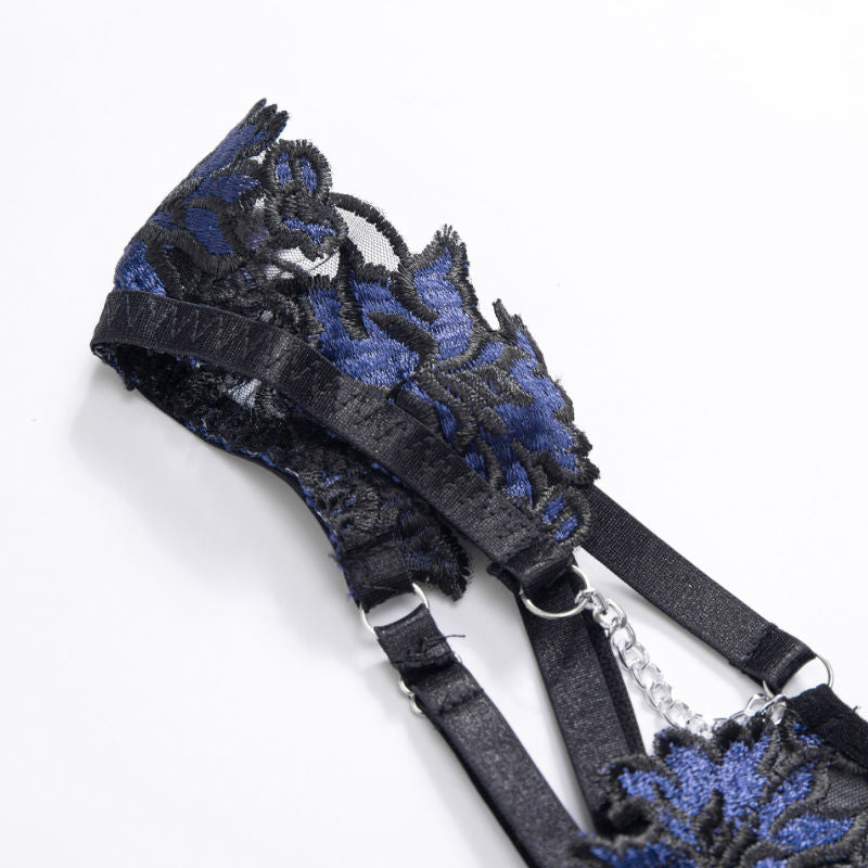 Black and blue floral lace corset lingerie set Sling