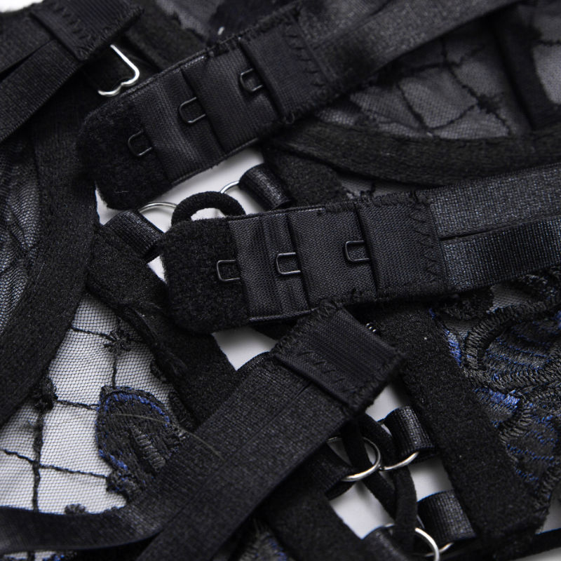 Black and blue floral lace corset lingerie set back detail