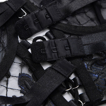 Black and blue floral lace corset lingerie set back detail
