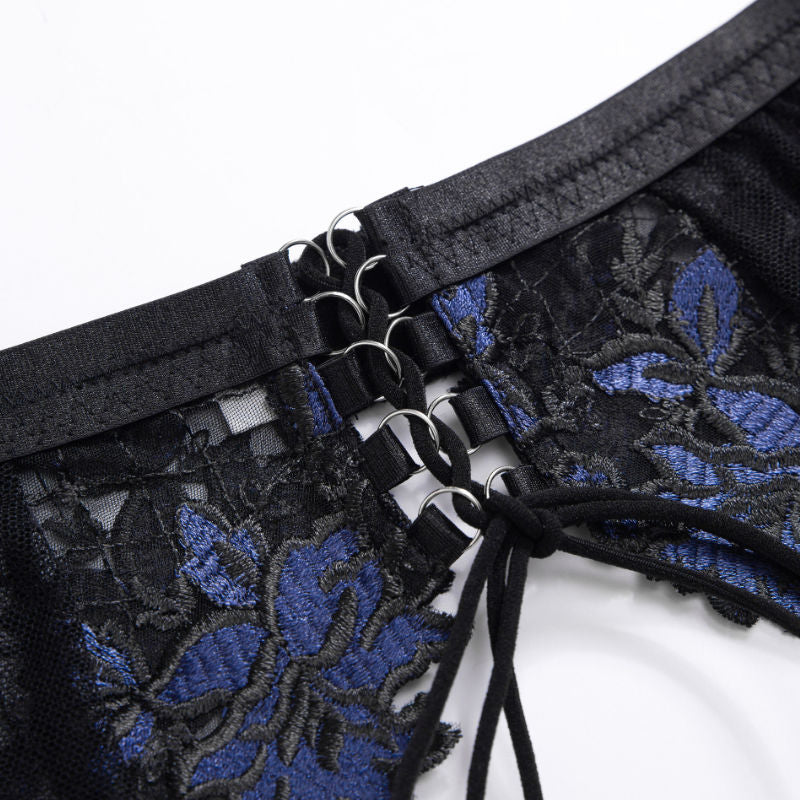 Black and blue floral lace corset lingerie set bobo