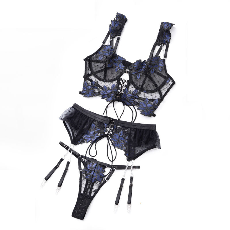 Exquisite sheer black lingerie set with blue floral embroidery, featuring a lace-up corset top and adjustable garters front