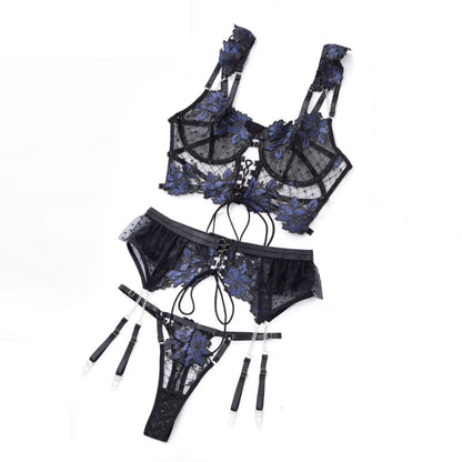 Exquisite sheer black lingerie set with blue floral embroidery, featuring a lace-up corset top and adjustable garters front