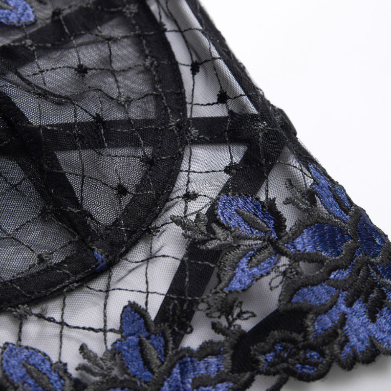 Black and blue floral lace corset lingerie set net