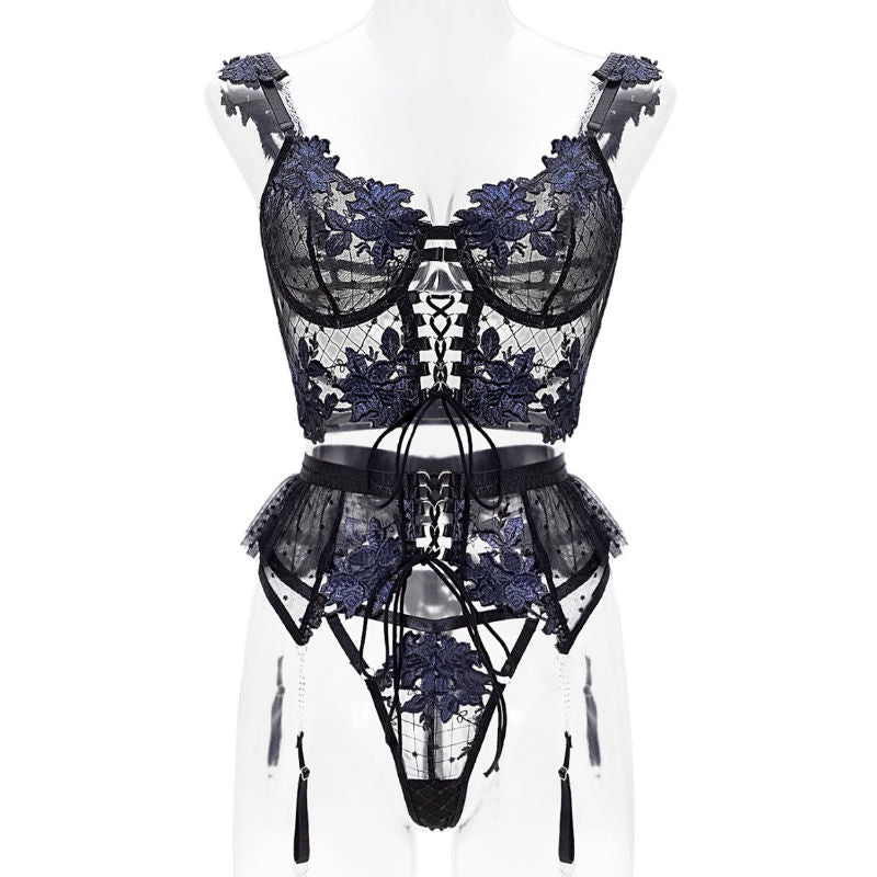 Exquisite sheer black lingerie set with blue floral embroidery, featuring a lace-up corset top and adjustable garters reality