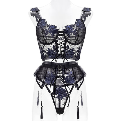 Exquisite sheer black lingerie set with blue floral embroidery, featuring a lace-up corset top and adjustable garters reality