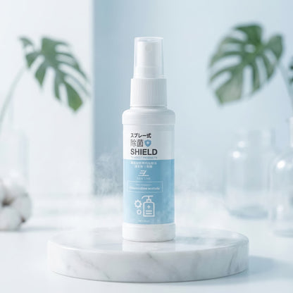 Safe and Gentle 50ml Formula, Showcased on a Marble Pedestal with Water Mist and Soft Botanical Elements to Emphasize Purity