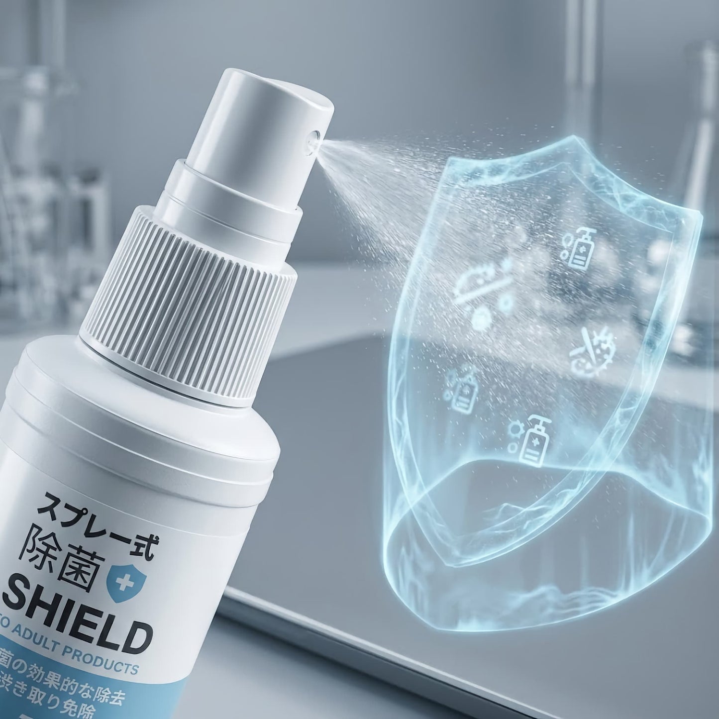 Disinfectant Spray actively misting to form a stylized light-blue energy shield, demonstrating powerful germ-neutralizing action for adult toy hygiene