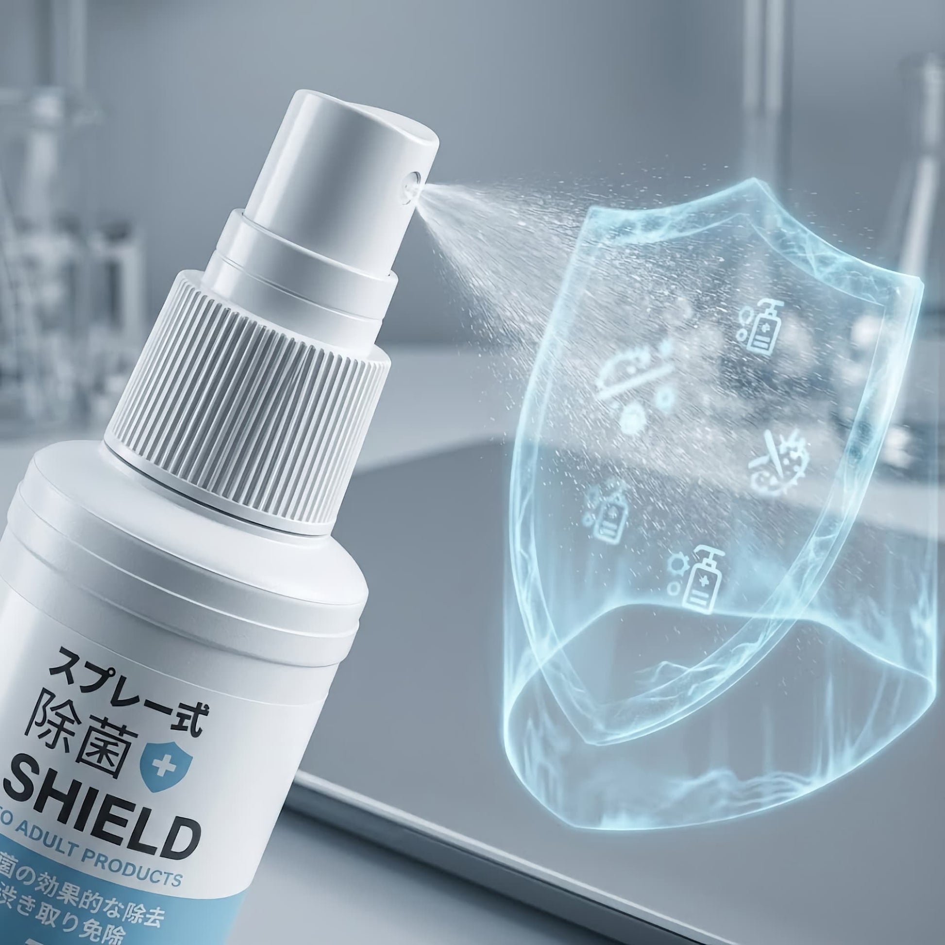 Disinfectant Spray actively misting to form a stylized light-blue energy shield, demonstrating powerful germ-neutralizing action for adult toy hygiene