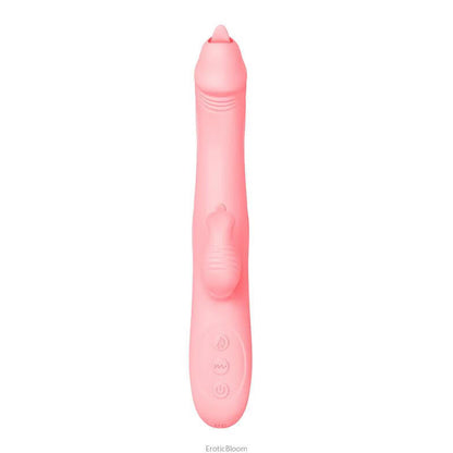 Ergonomic pink silicone G-spot rabbit vibrator featuring a lifelike tongue attachment 42°C 