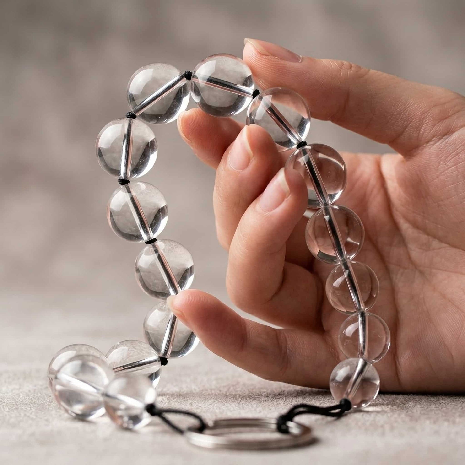 A close-up shot showing the curved design of the glass pull bead highlights how it adapts to the curves of the human body. 