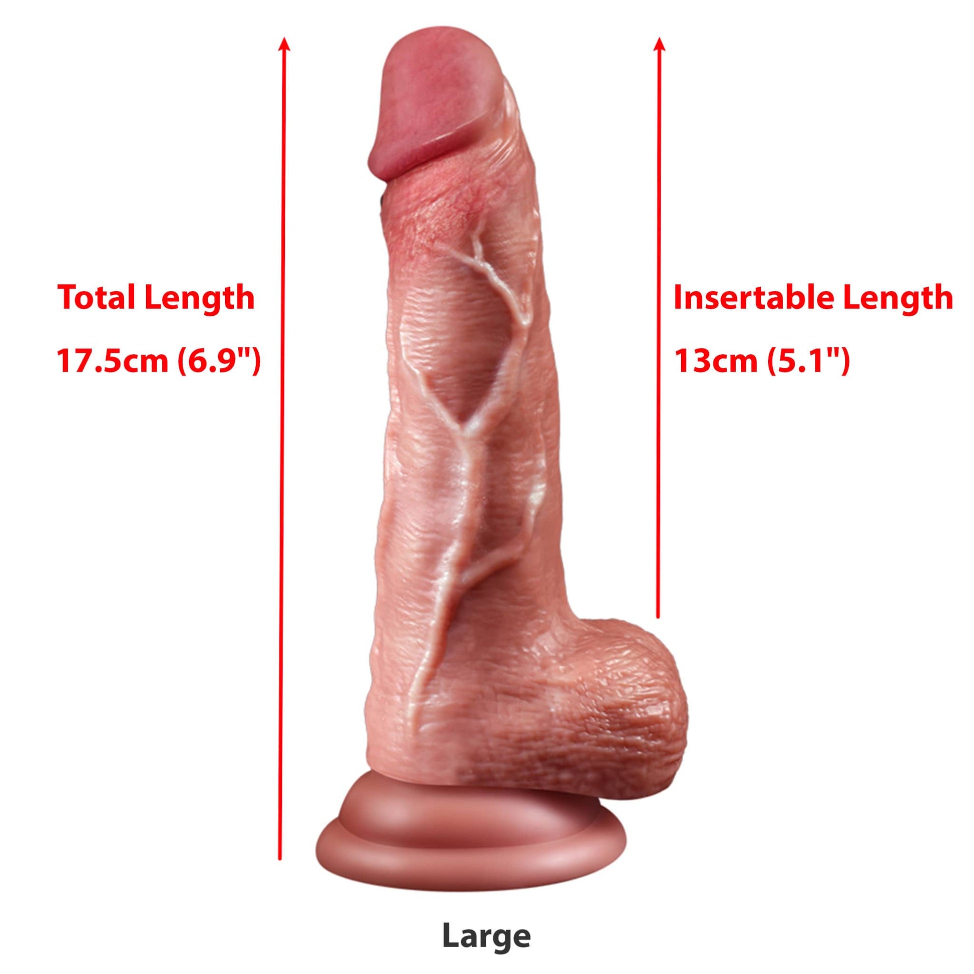 Realistic dildo in large size with suction base, made from body-safe silicone. Features 17.5cm total length and 13cm insertable length.