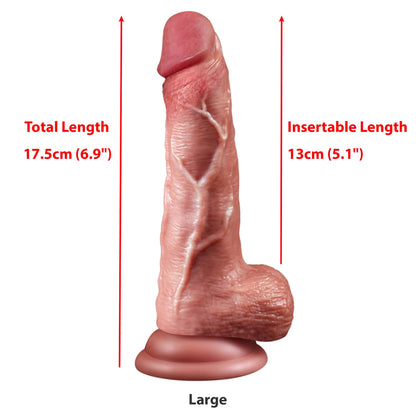 Realistic dildo in large size with suction base, made from body-safe silicone. Features 17.5cm total length and 13cm insertable length.
