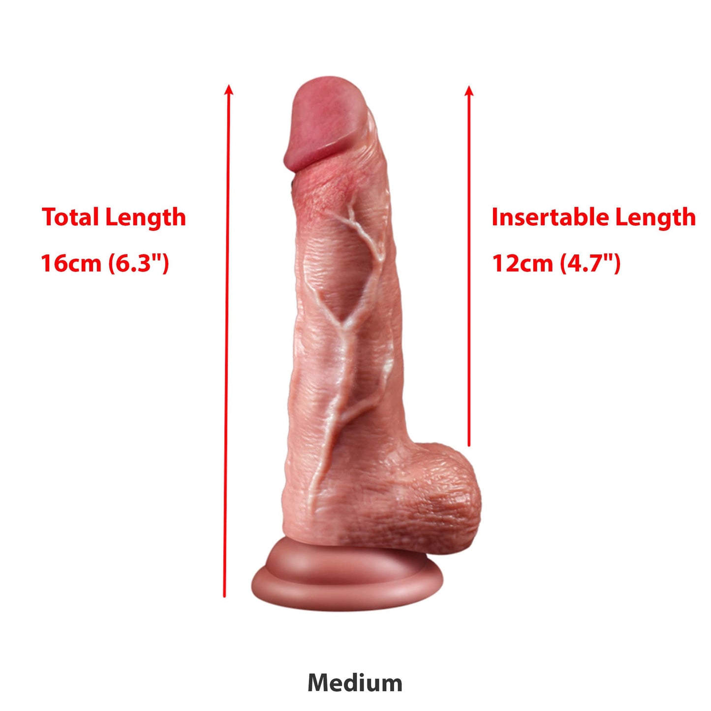 Realistic dildo in medium size with suction base, 16cm total length and 12cm insertable length, made of body-safe silicone for women.