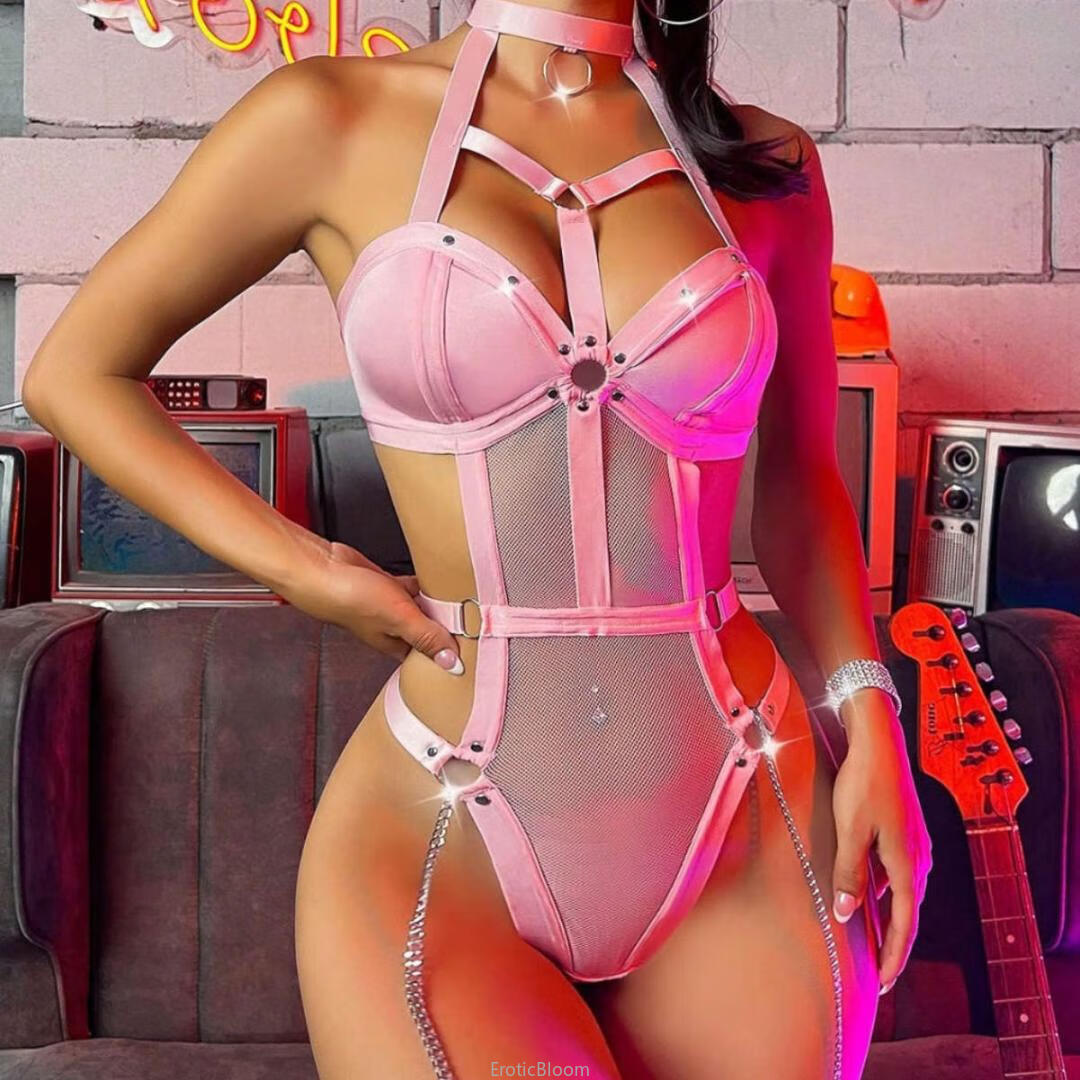 Pink Mesh Harness Bodysuit featuring strappy bustier design with silver chain details, ideal for bold erotic lingerie looks.