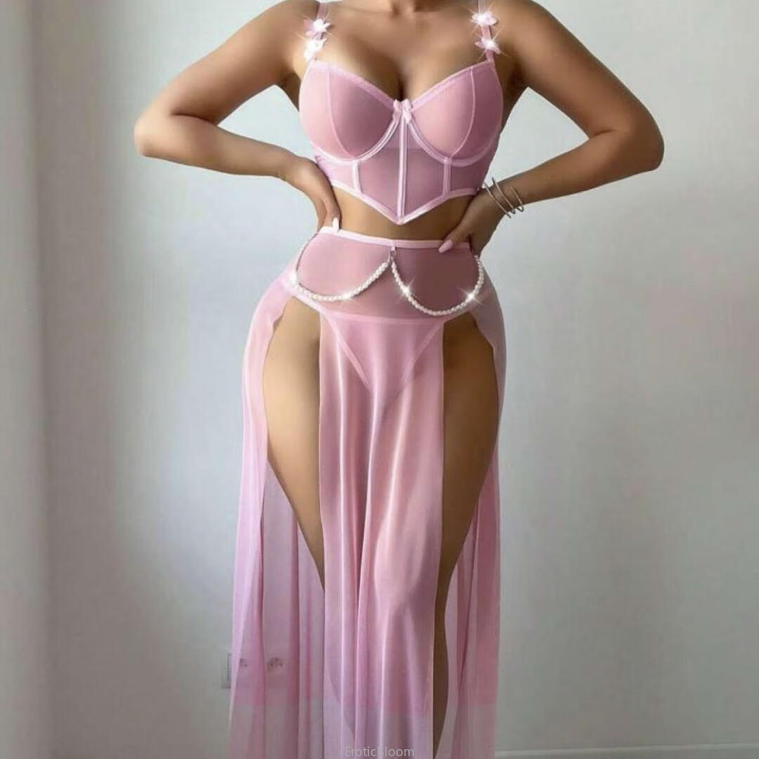Red satin corset set with pearl detail featuring a structured top and high-slit skirt, perfect for elegant erotic lingerie looks.