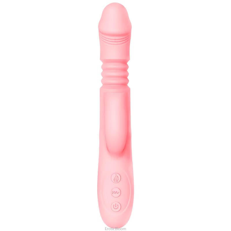 Heated G-Spot Rabbit Vibrator 42°C in soft pink with realistic tongue design and ribbed shaft for dual pleasure stimulation. Features control buttons for easy use.