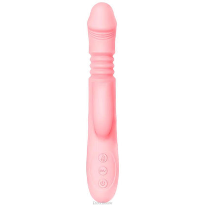 Heated G-Spot Rabbit Vibrator 42°C in soft pink with realistic tongue design and ribbed shaft for dual pleasure stimulation. Features control buttons for easy use.
