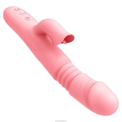 Heated G-Spot Rabbit Vibrator 42°C in pink with realistic tongue stimulator and ribbed silicone shaft for dual pleasure and targeted stimulation.