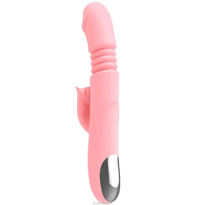 Heated G-Spot Rabbit Vibrator 42°C in pink with realistic tongue and ribbed shaft for dual stimulation. Rechargeable silicone sex toy for women.