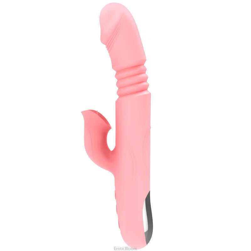 Heated G-Spot Rabbit Vibrator 42°C in pink with realistic tongue and dual stimulation design for intense pleasure. Features ribbed shaft and ergonomic grip.