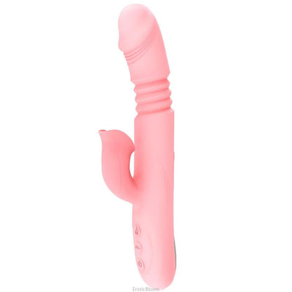Heated G-Spot Rabbit Vibrator 42°C in soft pink silicone with realistic tongue stimulator and ribbed shaft for dual pleasure sensations.