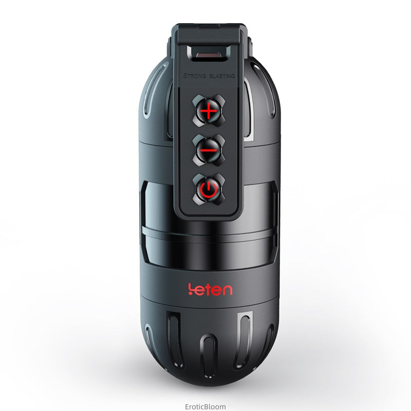 App-controlled male stroker with 10 vibration modes, audio integration, and one-touch boost function in sleek black design. Ideal for smart pleasure.