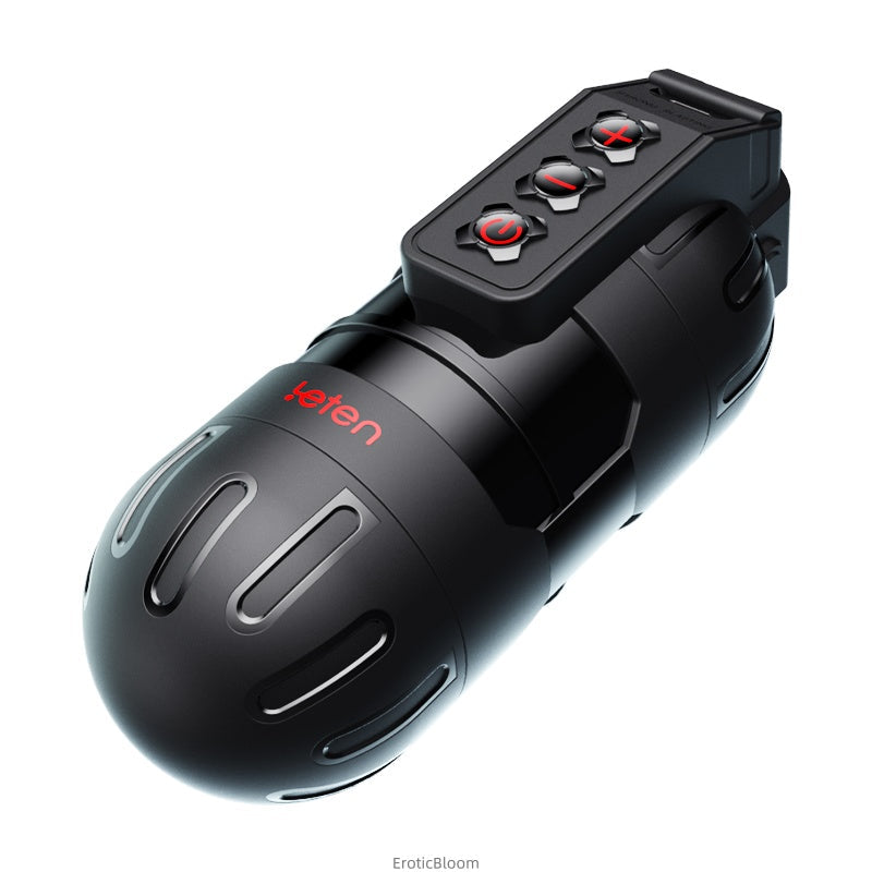 Male Stroker - App-Controlled Pleasure | 10 Modes & Audio, featuring a sleek black design with control buttons and ergonomic grip for enhanced stimulation.
