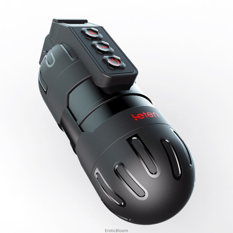 Male Stroker - App-Controlled Pleasure with 10 vibration modes, audio integration, and one-touch boost in sleek black design for hands-free stimulation.