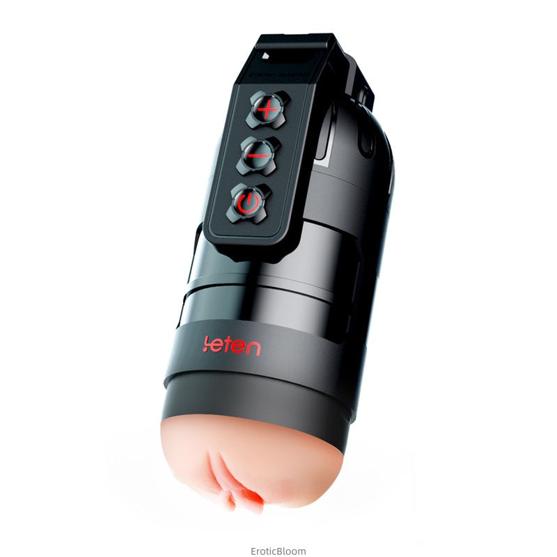 App-controlled male stroker with 10 vibration modes, audio integration, and one-touch boost for immersive pleasure. Features sleek black design with control panel.