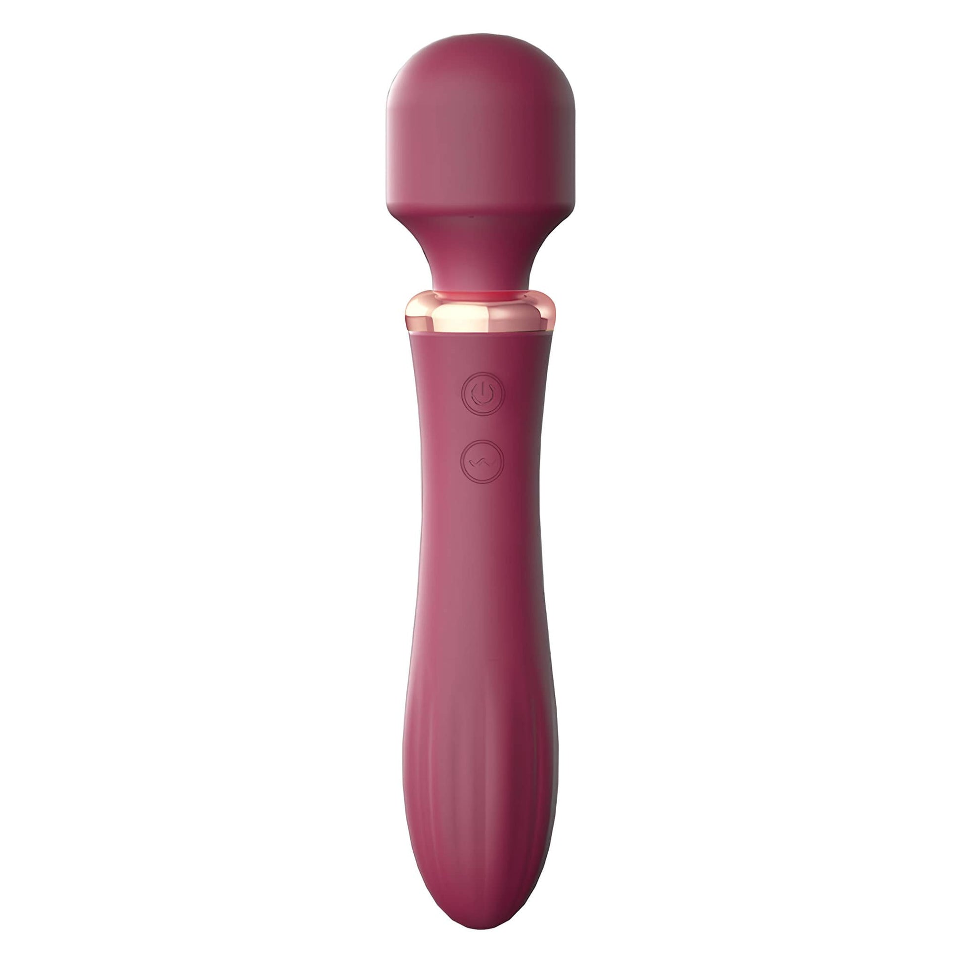 Berry colored silicone wand vibrator with rose gold accents, featuring power and wave buttons.