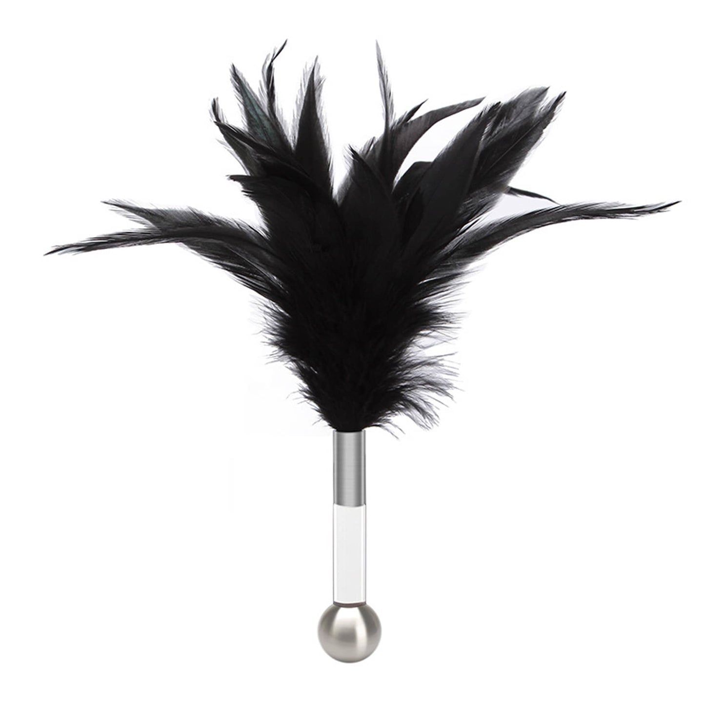 Black feather tickler with a clear acrylic handle and a silver metal ball, used for sensory teasing and foreplay main