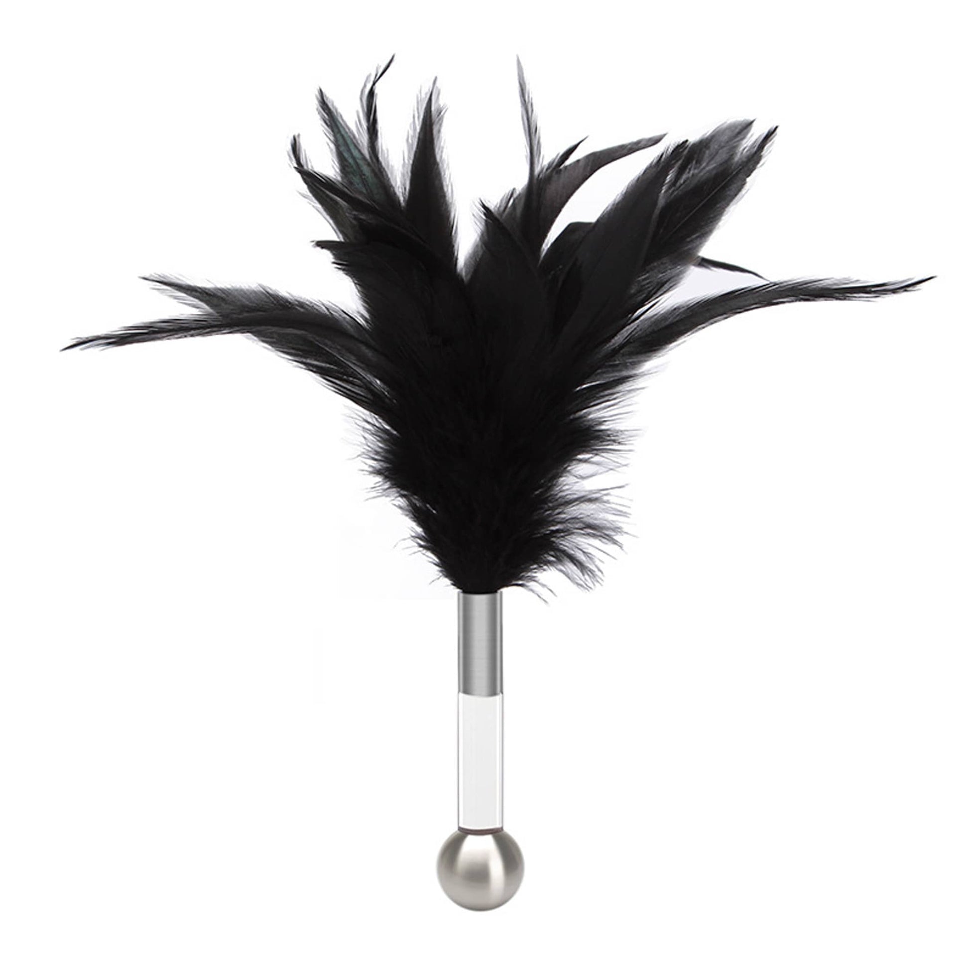 Black feather tickler with a clear acrylic handle and a silver metal ball, used for sensory teasing and foreplay main