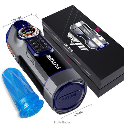 Digital Male Stroker - AI Dual Motor with smart speed control, LCD panel, and blue textured sleeve, shown with premium packaging box.