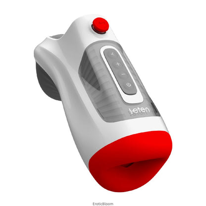 HELEN Air Pressure Male Stimulator with dual motor vibration and Type-C charging in sleek white and red design. Features 10 modes and waterproof build.