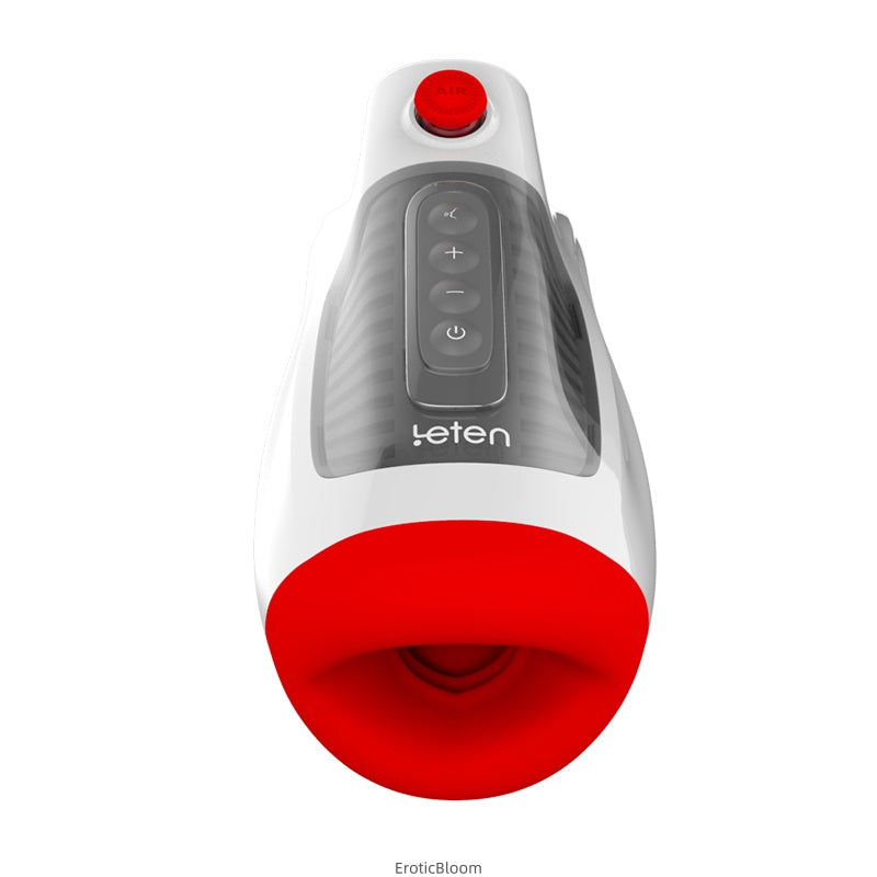 HELEN Air Pressure Male Stimulator with red silicone sleeve, dual motor controls, and Type-C charging port for intense pleasure and waterproof use.