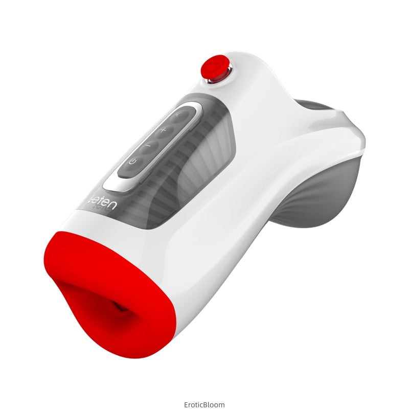 HELEN Air Pressure Male Stimulator with red silicone sleeve, dual motor vibration, and Type-C charging port for advanced pleasure control.
