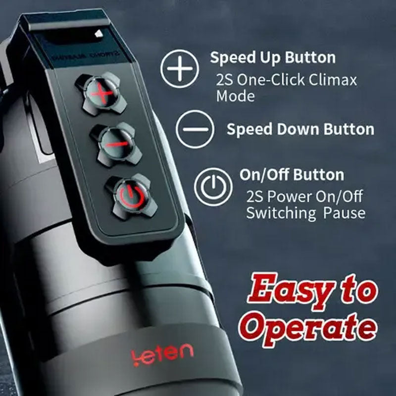 App-controlled male stroker with easy-to-use control panel featuring speed up, speed down, and power buttons. Designed for one-touch climax mode.