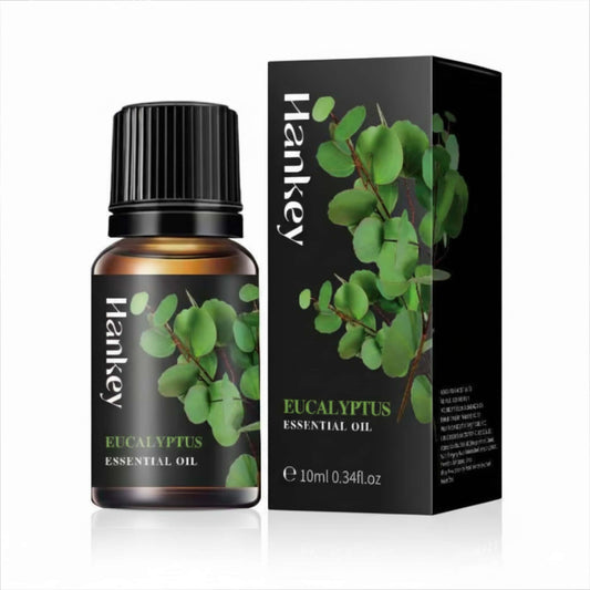 Eucalyptus Essential Oil bottle and its black packaging box displayed on a pure white background for e-commerce.
