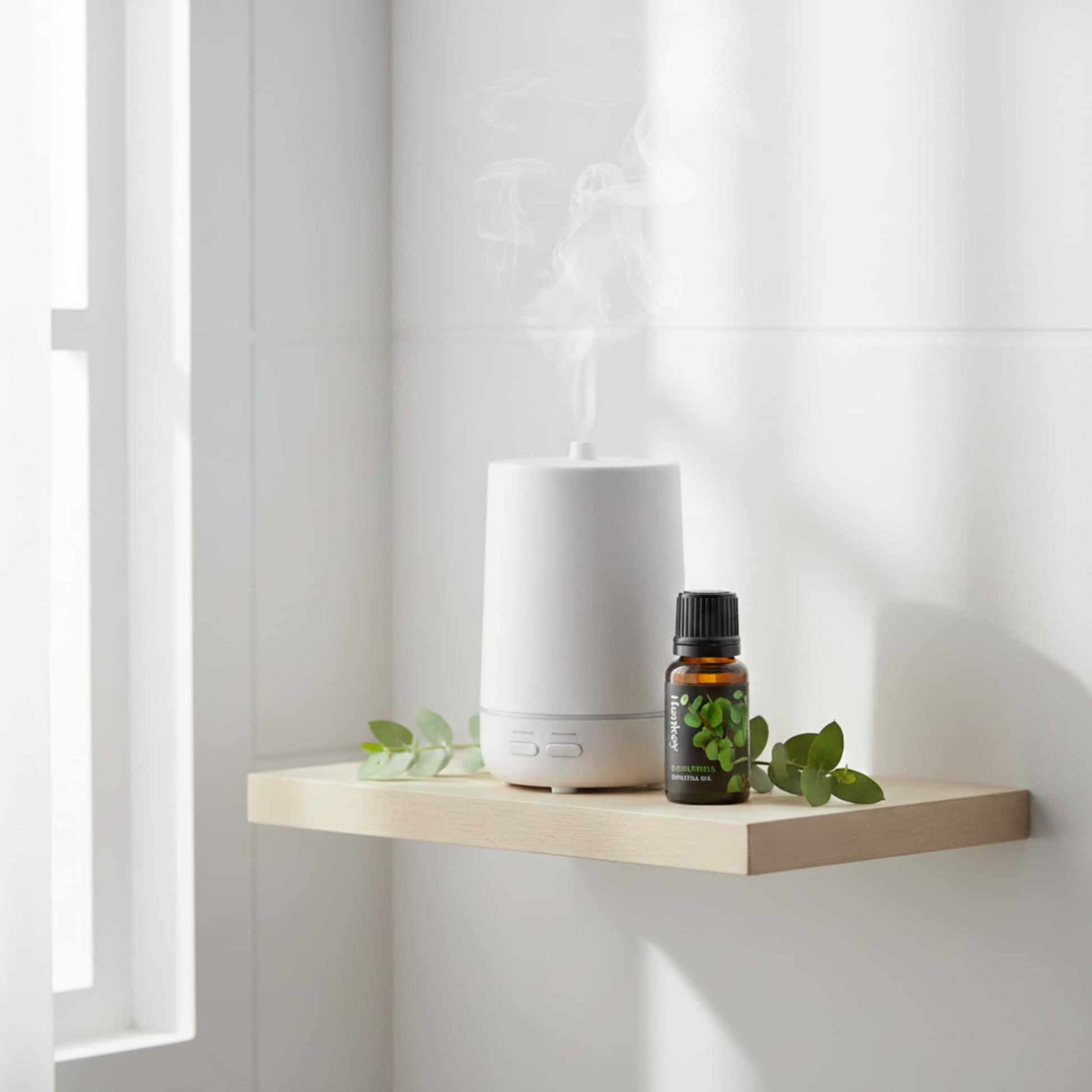 Eucalyptus essential oil bottle with a minimalist diffuser and fresh eucalyptus leaves, creating a pure and invigorating intimate atmosphere.